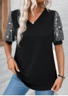 Kadın Kısa Kollu V Yakalı Pul Payet Detaylı Viskon Bluz