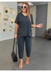 Kadın Kısa Kollu V Yakalı Pul Payetli Viskon Iki Iplik Bluz Ve Pantolon Ikili Takım