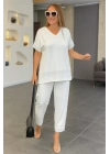 Kadın Kısa Kollu V Yakalı Pul Payetli Viskon Iki Iplik Bluz Ve Pantolon Ikili Takım