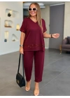 bysoca Kadın V Yaka Kısa Kol Pul Payet Detaylı Bluz ve Cepli Şalvar Pantolon İkili Takım - Bordo