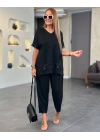 Kadın Kısa Kollu V Yakalı Pul Payetli Viskon Iki Iplik Bluz Ve Pantolon Ikili Takım