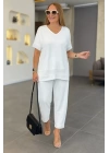 Kadın Kısa Kollu V Yakalı Pul Payetli Viskon Iki Iplik Bluz Ve Pantolon Ikili Takım