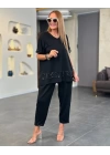 Kadın Kısa Kollu V Yakalı Pul Payetli Viskon Iki Iplik Bluz Ve Pantolon Ikili Takım