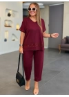 Kadın Kısa Kollu V Yakalı Pul Payetli Viskon Iki Iplik Bluz Ve Pantolon Ikili Takım