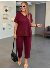 bysoca Kadın V Yaka Kısa Kol Pul Payet Detaylı Bluz ve Cepli Şalvar Pantolon İkili Takım - Bordo