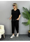 Kadın Kısa Kollu V Yakalı Pul Payetli Viskon Iki Iplik Bluz Ve Pantolon Ikili Takım