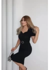 Kadın Kısa Kollu Yakası Açık önden Halka Detaylı Ithal Krep Elbise