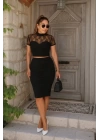 Kadın Kısa Kollu Yarı Balıkçı Yaka Dantelli Straplez Ithal Krep Crop Bluz Ve Etek Ikili Takım