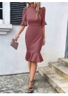 Kadın Kısa Kollu Yarı Balıkçı Yakalı Etek Ucu Fırfırlı Midi Ithal Krep Elbise