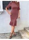 Kadın Kısa Kollu Yarı Balıkçı Yakalı Etek Ucu Fırfırlı Midi Ithal Krep Elbise
