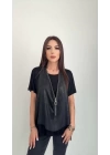 Kadın Kısa Kollu Yuvarlak Yaka Viskon Bluz + Kolsuz Fermuarlı çatlak Deri Yelek