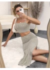 Kadın Kolsuz Askılı Crop Yırtmaçlı Midi Etek Fitilli Kaşkorse Takım