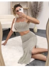 Kadın Kolsuz Askılı Crop Yırtmaçlı Midi Etek Fitilli Kaşkorse Takım