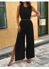 Kadın Kolsuz Beli Lastikli Atlet Ve Yırtmaç Detay Pantolon Ikili Takım