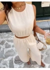 Kadın Kolsuz Beli Lastikli Atlet Ve Yırtmaç Detay Pantolon Ikili Takım