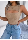 Kadın Kolsuz Bisiklet Yaka Güpüs Dekolteli Triko Crop Bluz