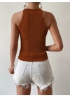 Kadın Kolsuz Halter Yaka Mini Baklava Desenli Triko Bluz