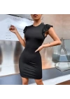 Kadın Kolsuz Omzu Volanlı Bisiklet Yaka Kaşkorse Mini Elbise