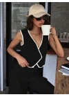 Kadın Kolsuz V Yakalı Düğmeli Ithal Krep Yelek Ve Pantolon Ikili Takım
