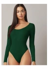 bysoca Kadın Koyu Yeşil Asimetrik Yaka Uzun Kollu Vücudu Saran Fitilli Kaşkorse Tanga Bodysuit
