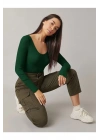 bysoca Kadın Koyu Yeşil Asimetrik Yaka Uzun Kollu Vücudu Saran Fitilli Kaşkorse Tanga Bodysuit