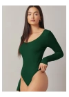 bysoca Kadın Koyu Yeşil Asimetrik Yaka Uzun Kollu Vücudu Saran Fitilli Kaşkorse Tanga Bodysuit