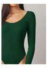bysoca Kadın Koyu Yeşil Asimetrik Yaka Uzun Kollu Vücudu Saran Fitilli Kaşkorse Tanga Bodysuit