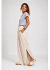 Kadın Krem Keten Yırtmaçlı Kruvaze Bohem Pinterest Geniş Paça Etek Pantolon