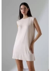 bysoca Kadın Krem Oversize Vatka Detaylı Kolsuz Bisiklet Yaka Basic Viskon Tunik Elbise