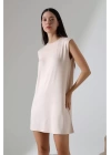 bysoca Kadın Krem Oversize Vatka Detaylı Kolsuz Bisiklet Yaka Basic Viskon Tunik Elbise