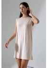 bysoca Kadın Krem Oversize Vatka Detaylı Kolsuz Bisiklet Yaka Basic Viskon Tunik Elbise