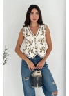 Kadın Krem V Yaka Etnik Çiçek Nakışlı Düğmeli Keten Dokuma Pinterest Bohem Yelek