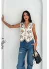 Kadın Krem V Yaka Etnik Çiçek Nakışlı Düğmeli Keten Dokuma Pinterest Bohem Yelek