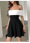 Kadın Krep Kumaş Omuzsuz Kloş Kesim Mini Elbise