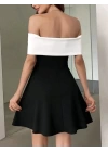 Kadın Krep Kumaş Omuzsuz Kloş Kesim Mini Elbise