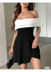 Kadın Krep Kumaş Omuzsuz Kloş Kesim Mini Elbise