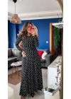 Kadın Krep Kumaş Uzun Kollu Tam Boy Puantiyeli Elbise 132 Cm