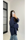 Kadın Lacivert Uzun Kollu Tek Cepli Geniş Manşetli Oversize Keten Karışımlı Tunik Gömlek