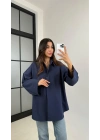Kadın Lacivert Uzun Kollu Tek Cepli Geniş Manşetli Oversize Keten Karışımlı Tunik Gömlek