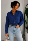 Kadın Lacivert Pamuklu Keten Tek Cepli Ahşap Düğmeli Bohem Oversize Gömlek