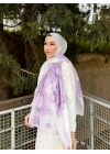 Kadın Lila Ebruli Desenli Çerçeveli Soft Dokulu Pamuklu Mevsimlik Tesettür Şal