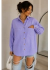 Kadın Lila Pamuklu Keten Çift Cepli Ahşap Düğmeli Oversize Salaş Yazlık Gömlek