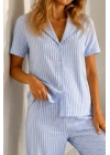 Kadın Mavi Çizgili Kısa Kollu Düğmeli Gömlek Yaka Bol Paça Pantolonlu Pijama Takımı