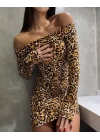 Kadın Madonna Mendil Yaka Leopar Desen Mini Elbise