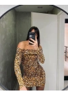 Kadın Madonna Mendil Yaka Leopar Desen Mini Elbise