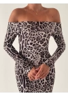 Kadın Madonna Yaka Dalgıç Kumaş Leopar Desen Maxi Boy Derin Yırtmaçlı Elbise