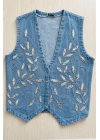 Kadın Mavi Boncuk İşlemeli Jean Yelek Pamuklu V Yaka Denim Payetli Sıfır Kol
