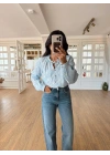 Kadın Açık Mavi Çiçek Nakışlı Bağlama Detaylı V Yaka Uzun Kollu Pamuklu Bohem Pinterest Gömlek Bluz