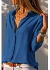 Kadın Mavi Düz Renk Dokuma Uzun Kollu Manşetli Düğmeli Pamuklu Viskon Basic Gömlek