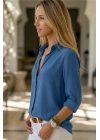 Kadın Mavi Düz Renk Dokuma Uzun Kollu Manşetli Düğmeli Pamuklu Viskon Basic Gömlek